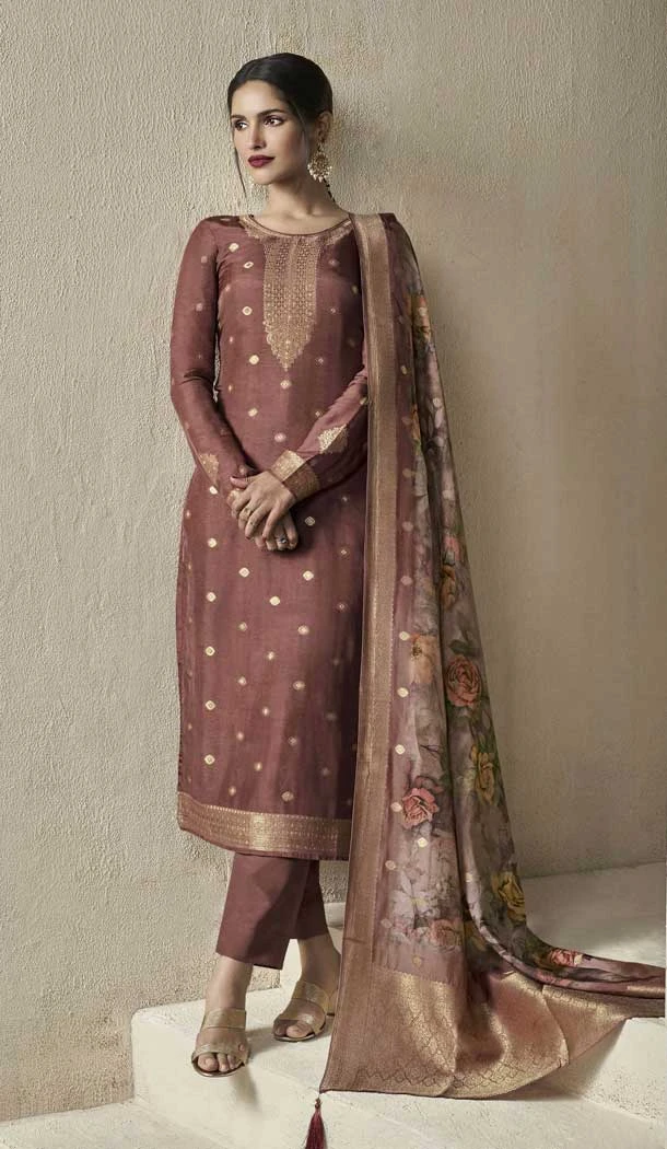 Viscose Jacquard Zari Work Party Wear Salwar Suit in Brown  -8850184468