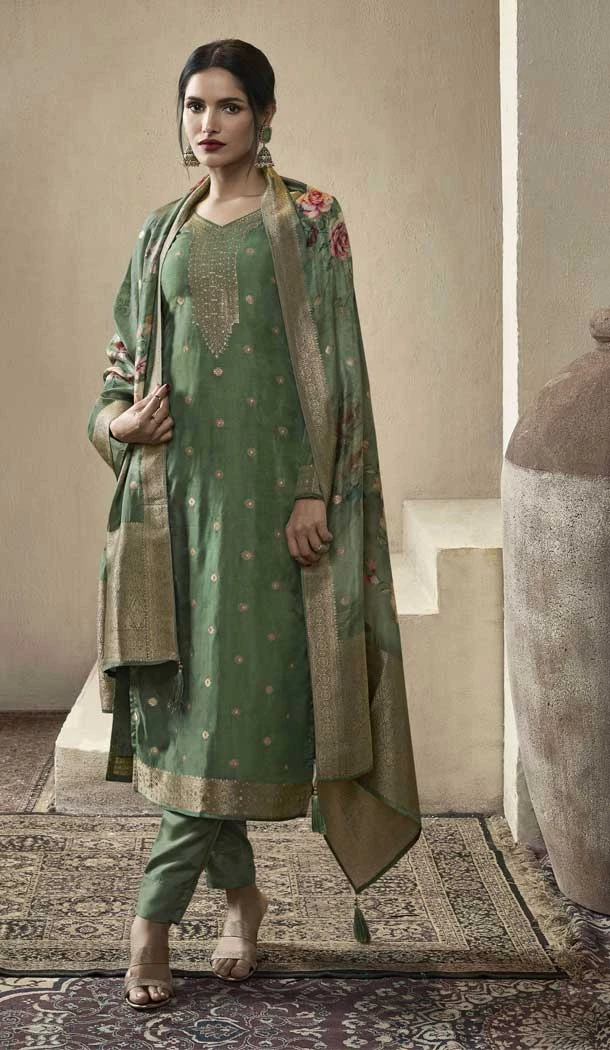 Viscose Jacquard Zari Work Party Wear Salwar Suit in Green -8850184469