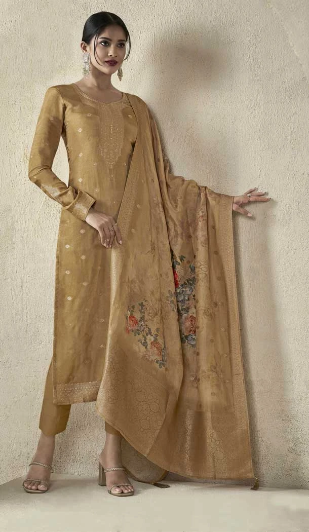 Viscose Jacquard Zari Work Party Wear Salwar Suit in Mustard -8850184471