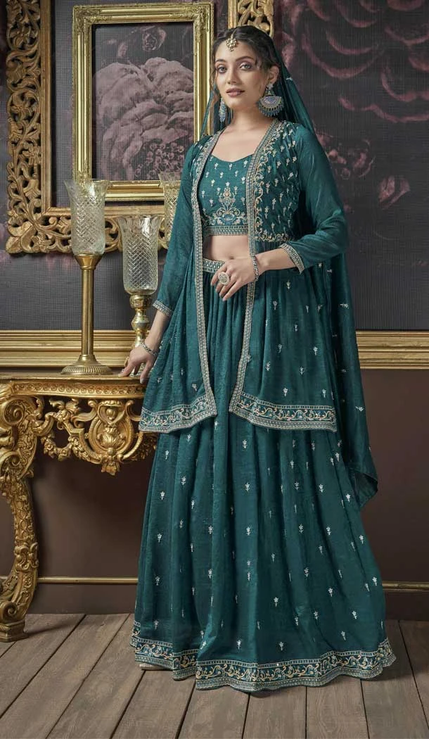 Teal Blue Premium Silk Embroidery Work Designer Lehenga Suit -8851184472