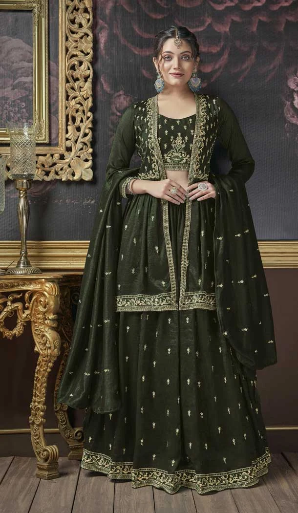 Mehndi Green Color Premium Silk Embroidery Work Designer Lehenga Suit -8851184474