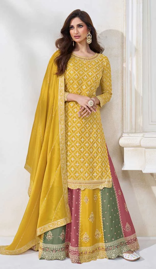 Chinon Silk Embroidery Work Designer Wear Lehenga Suit in Yellow -8852184476
