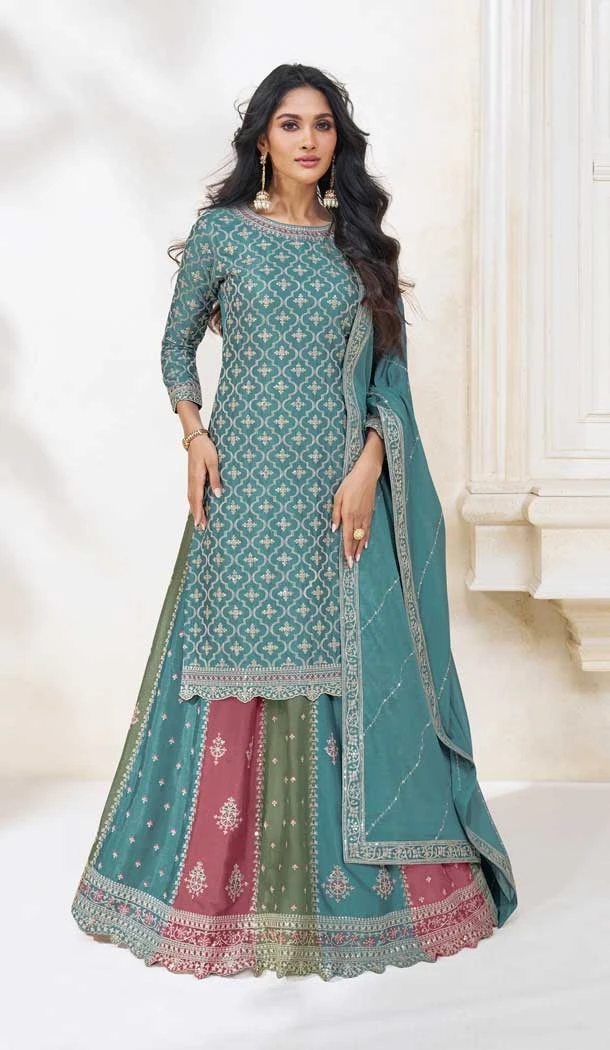 Chinon Silk Embroidery Work Designer Wear Lehenga Suit in Sky Blue -8852184477