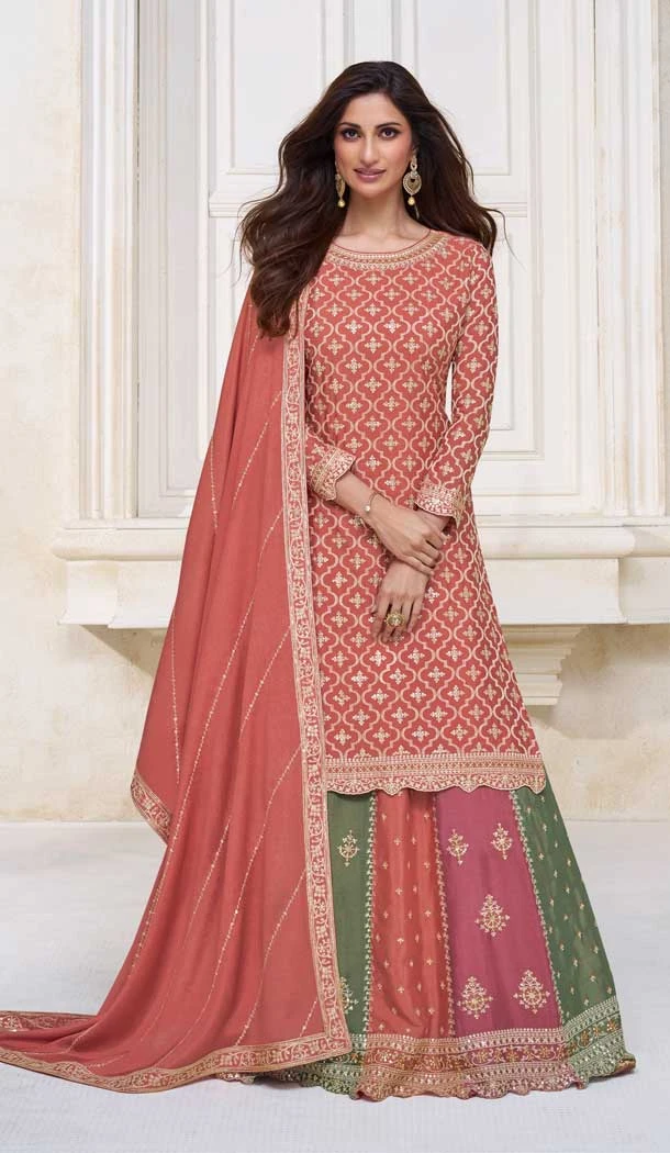 Chinon Silk Embroidery Work Designer Wear Lehenga Suit in Orange -8852184478