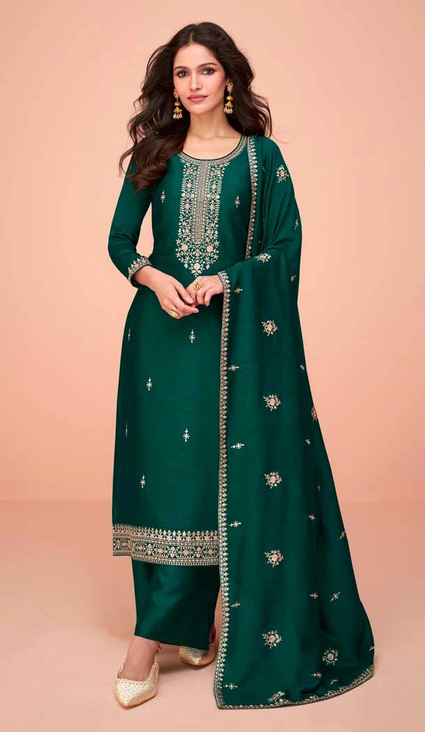 Premium Silk Embroidery Work Party Wear Palazzo Suit in Green -8875184611