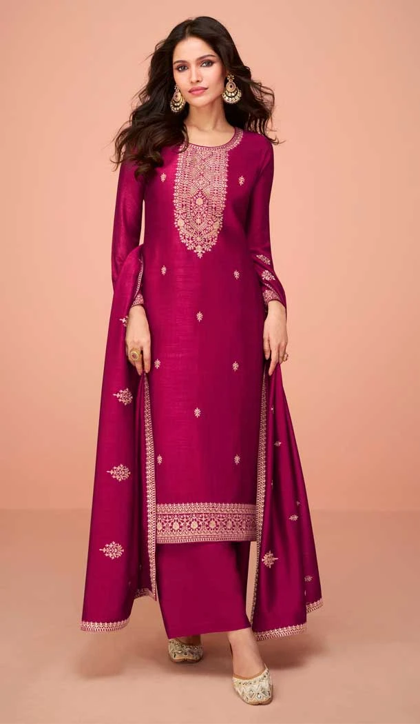 Premium Silk Embroidery Work Party Wear Palazzo Suit in Magenta -8875184614