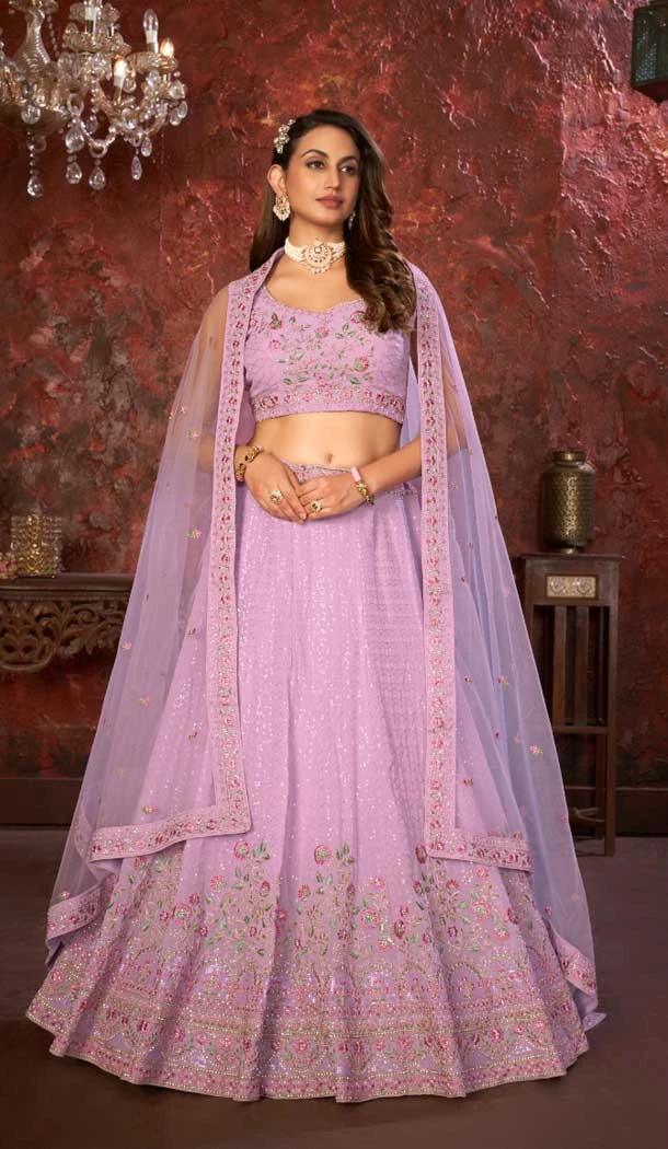 Faux Georgette Embroidery Work Wedding Lehenga Choli in Lavender -8804184238