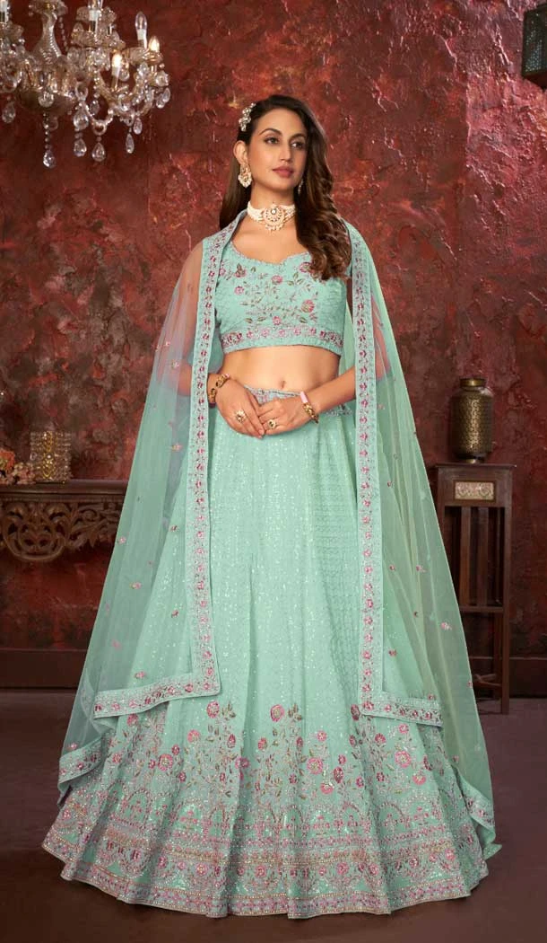 Faux Georgette Embroidery Work Wedding Lehenga Choli in Mint Green -8804184239