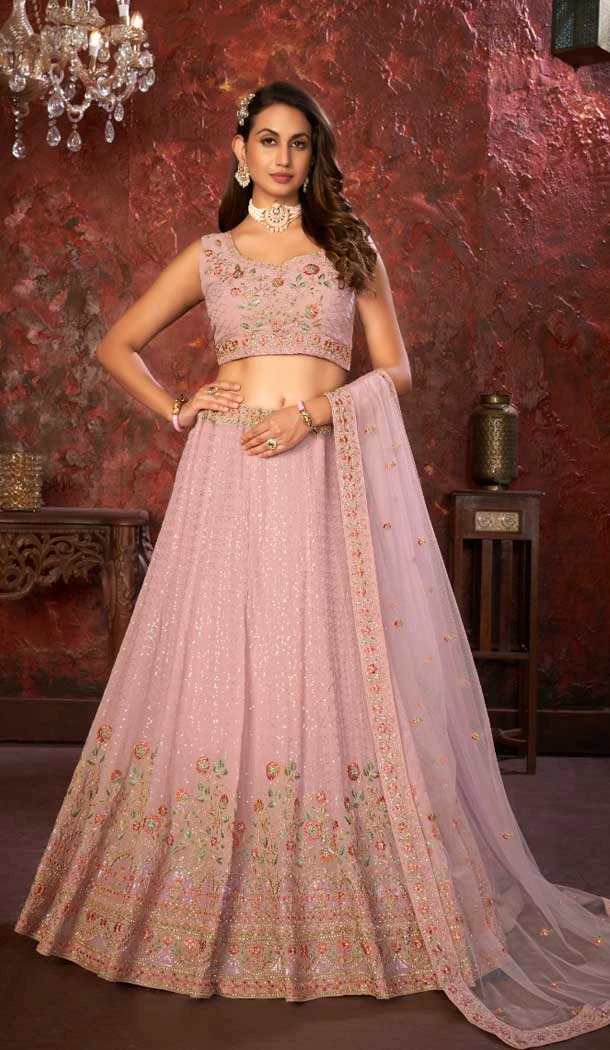 Faux Georgette Embroidery Work Wedding Lehenga Choli in Pink -8804184240