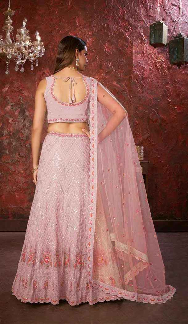 Pink Faux Georgette Embroidery Work Wedding Lehenga Choli -8804184241