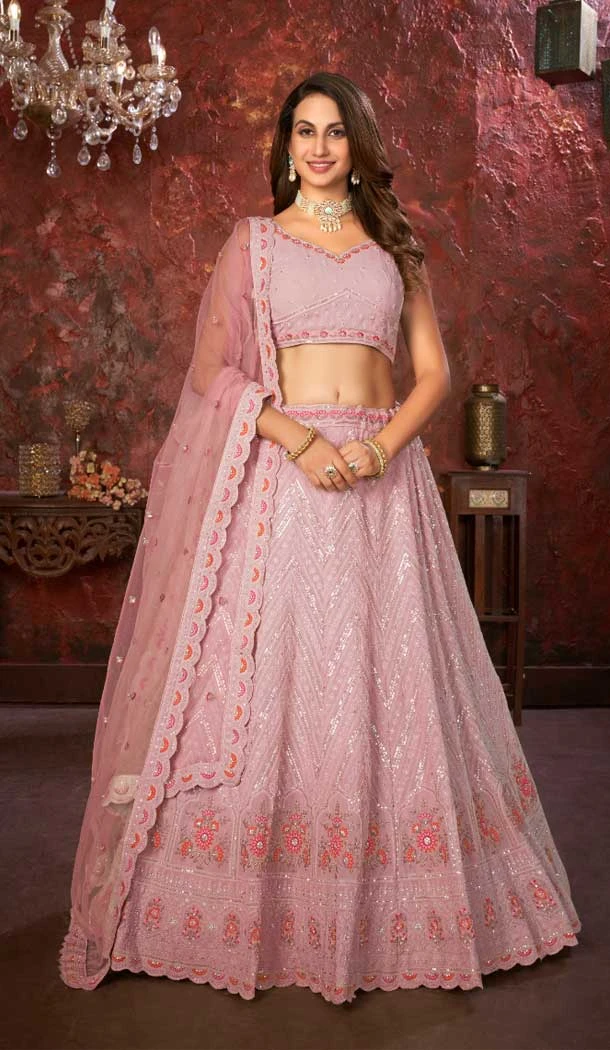 Pink Faux Georgette Embroidery Work Wedding Lehenga Choli -8804184241