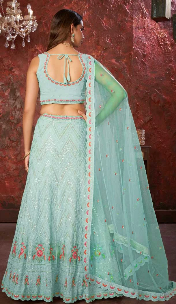 Faux Georgette Embroidery Work Wedding Lehenga Choli in Sky Blue -8804184242