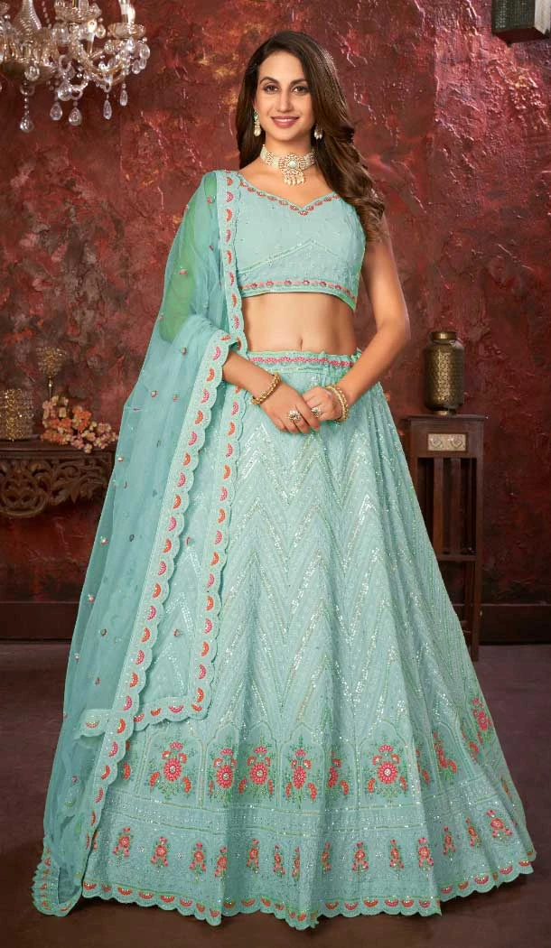 Faux Georgette Embroidery Work Wedding Lehenga Choli in Sky Blue -8804184242
