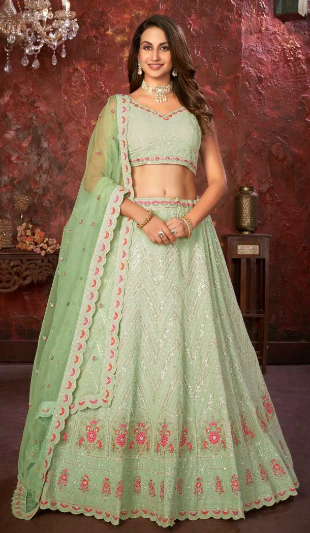 Faux Georgette Embroidery Work Wedding Lehenga Choli in Pista Green -8804184243