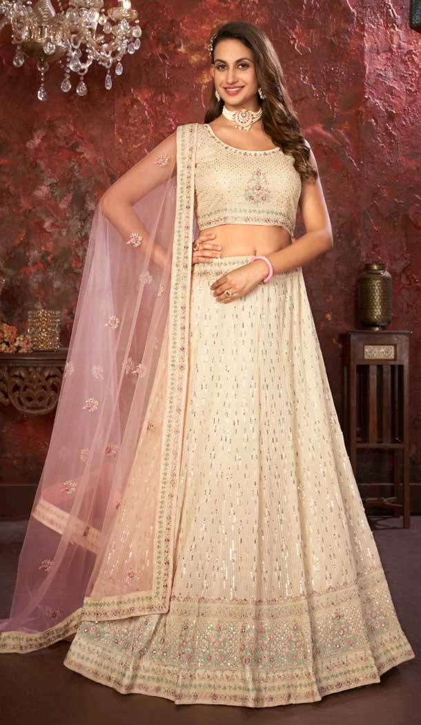 Faux Georgette Embroidery Work Wedding Lehenga Choli in Cream -8804184244