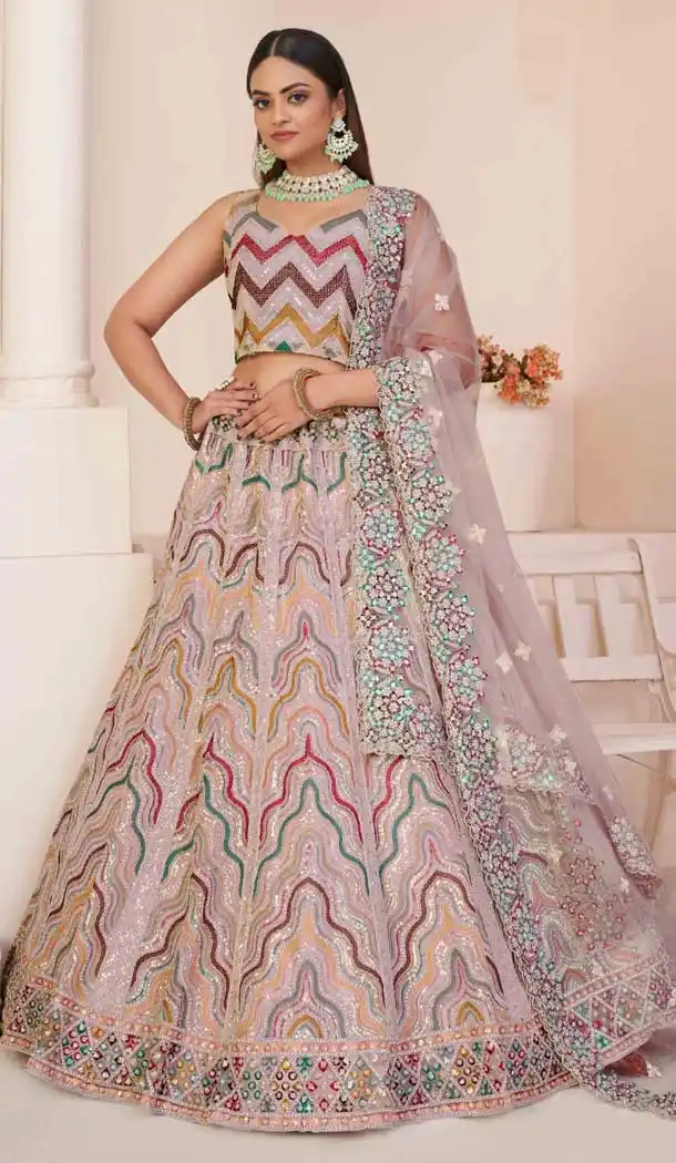 Net Sequence Work Bridal Wear Lehenga Choli in Cream Peach -8824184342