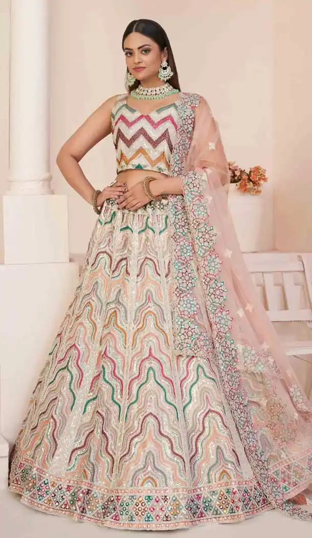 Net Sequence Work Bridal Wear Lehenga Choli in Cream -8824184344