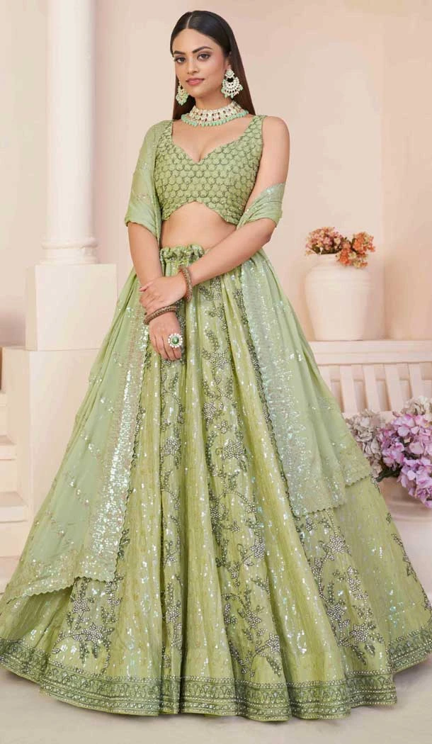 Georgette Sequence Work Bridal Wear Lehenga Choli in Green -8824184345