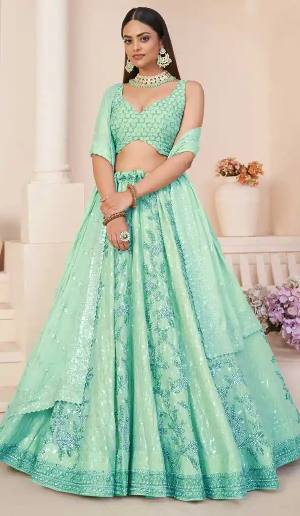 Georgette Sequence Work Bridal Wear Lehenga Choli in Turquoise -8824184347