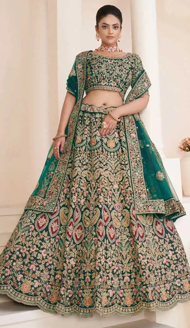 Turquoise Net Thread Sequence Work Bridal Wear Lehenga Choli -8824184353