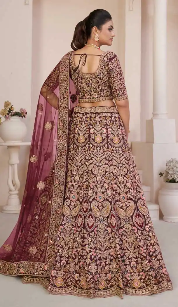 Red Net Thread Sequence Work Bridal Wear Lehenga Choli -8824184354