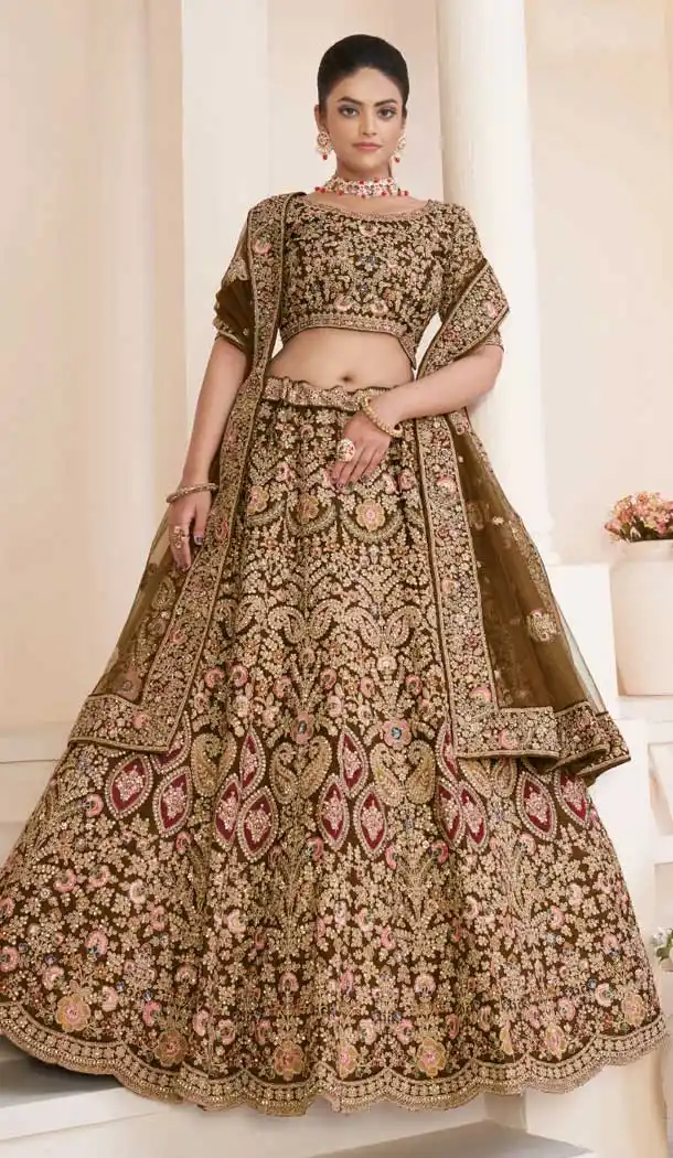 Beige Net Thread Sequence Work Bridal Wear Lehenga Choli -8824184355