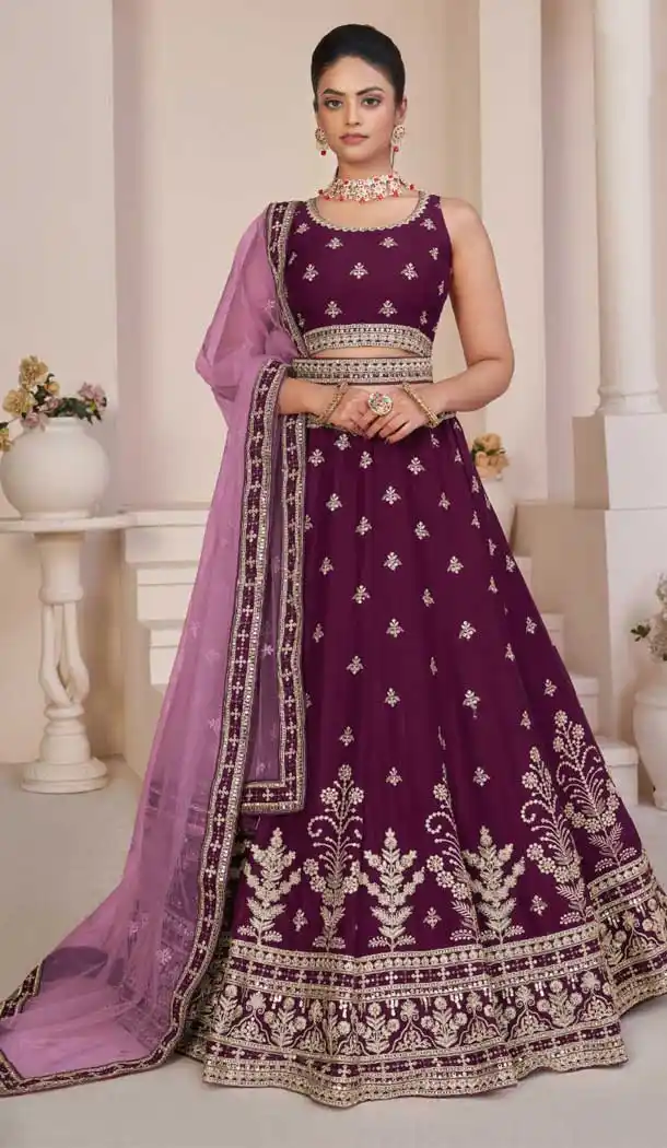 Georgette Thread Sequence Work Bridal Wear Lehenga Choli in Wine -8824184357
