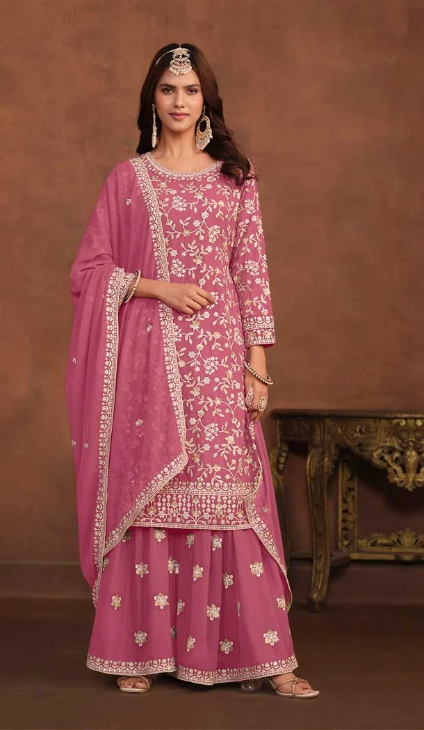 Embroidery Work Pink Color Faux Georgette Pakistani Palazzo Suit -8838184424