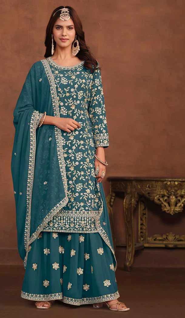 Embroidery Work Teal Blue Color Faux Georgette Pakistani Palazzo Suit -8838184426