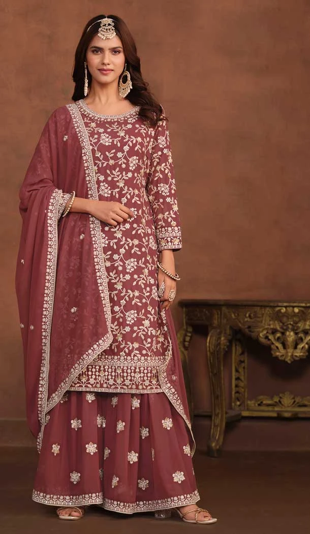 Embroidery Work Rose Taupe Color Faux Georgette Pakistani Palazzo Suit -8838184427