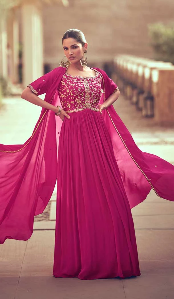 Embroidery Work Chinon Silk Party Wear Gown Suit in Pink -8877184618