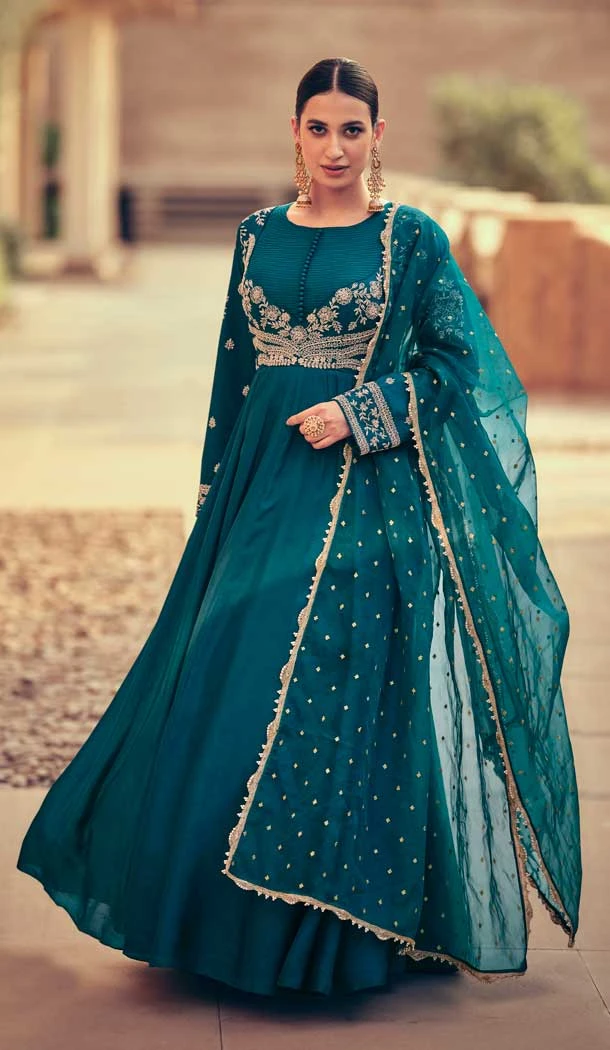 Embroidery Work Premum Silk Party Wear Gown Suit in Teal Blue -8877184622