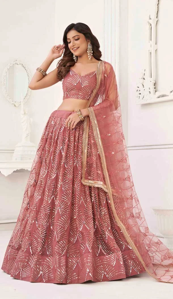Butterfly Net Sequence Embroidery Work Designer Lehenga in Pink -8887184657
