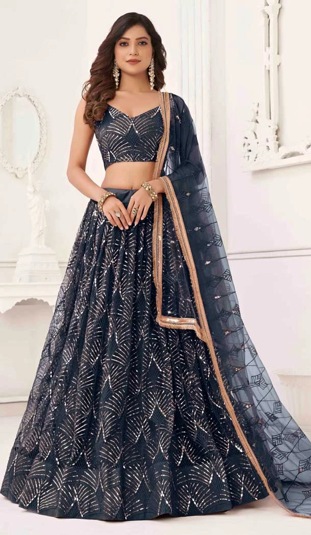 Butterfly Net Sequence Embroidery Work Designer Lehenga in Navy Blue -8887184658