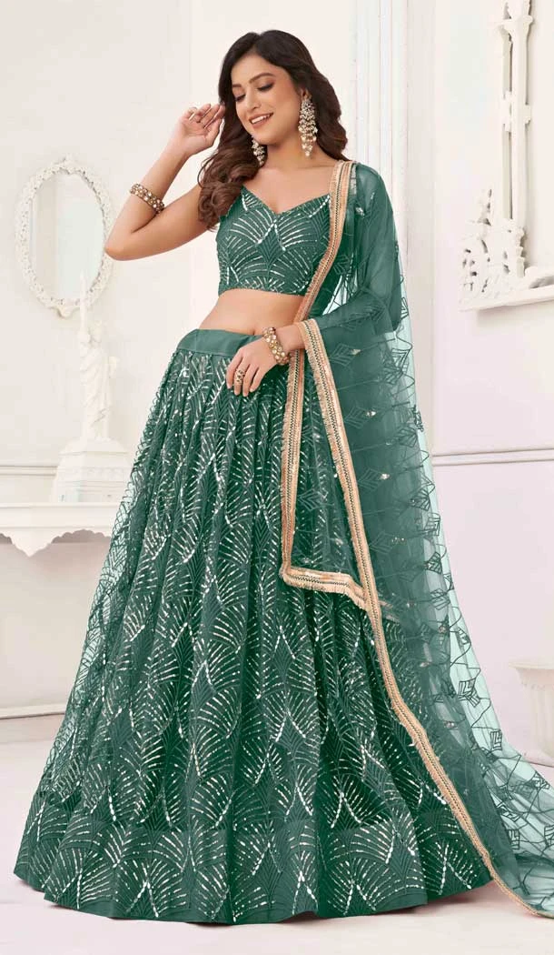 Butterfly Net Sequence Embroidery Work Designer Lehenga in Green -8887184658