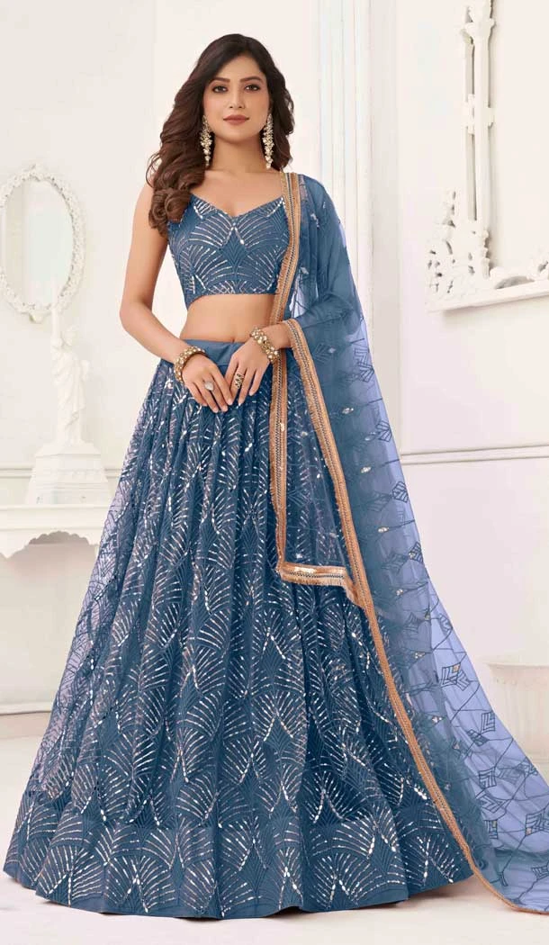 Butterfly Net Sequence Embroidery Work Designer Lehenga in Blue -8887184660