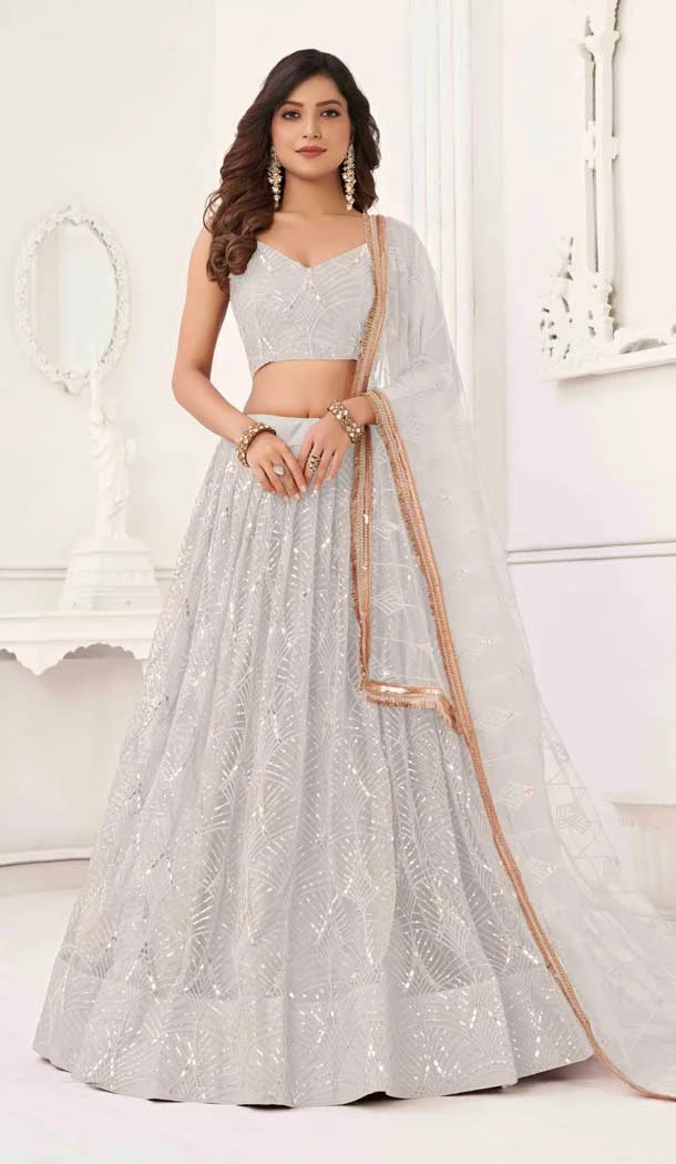 Butterfly Net Sequence Embroidery Work Designer Lehenga in White -8887184661