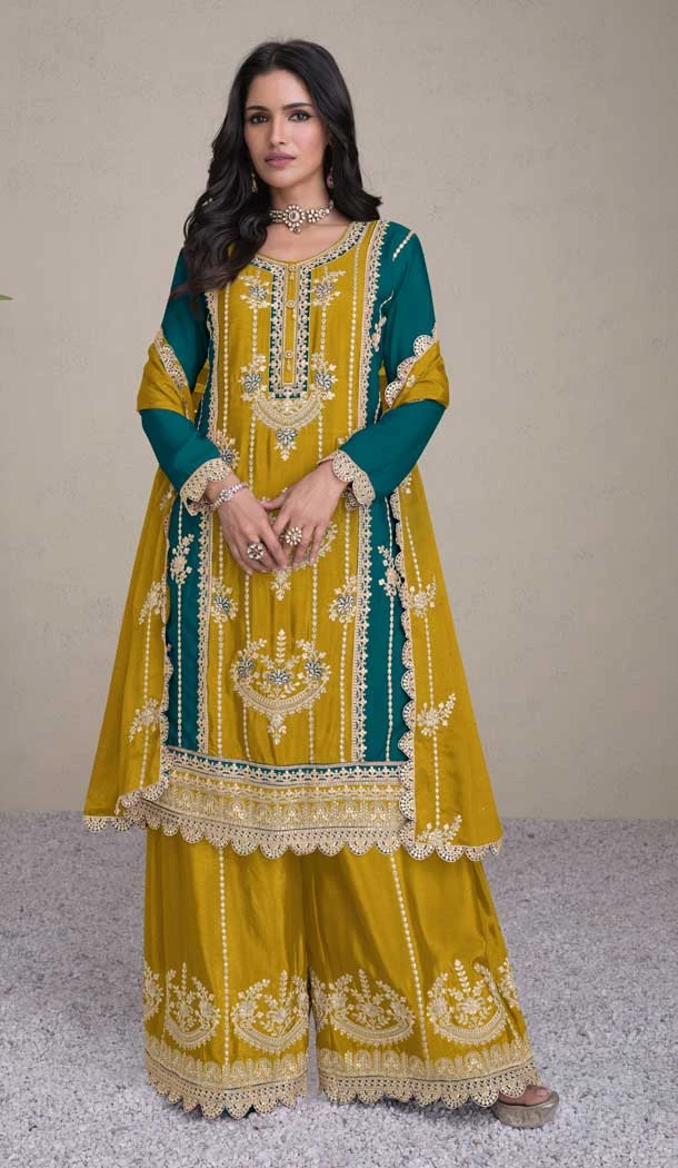 Embroidery Work Real Chinon Designer Palazzo Suit In Yellow -8888184662
