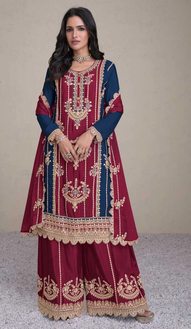 Embroidery Work Real Chinon Designer Palazzo Suit In Maroon -8888184664