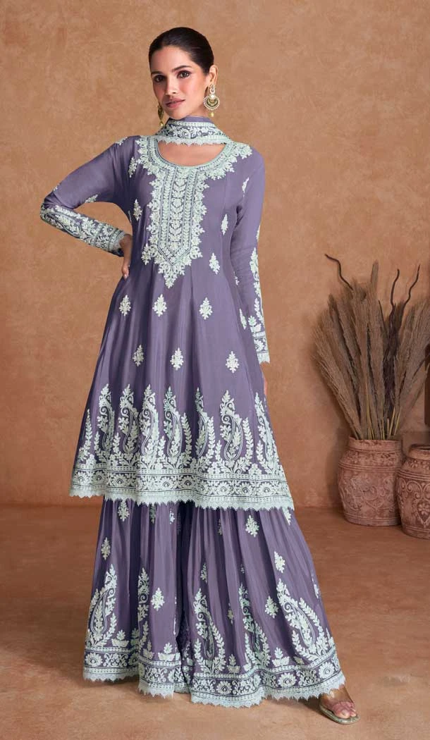 Embroidery Work Real Silk Designer Sharara Suit In Light Purple -8889184665