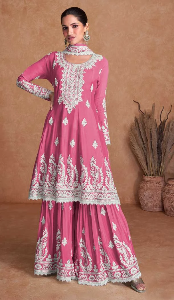 Embroidery Work Real Silk Designer Sharara Suit In Pink -8889184666