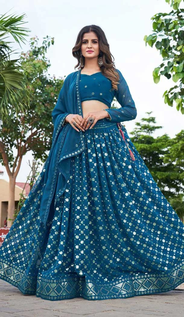 Georgette Sequence Embroidery Work Teal Blue Color Lehenga Choli -8893184675