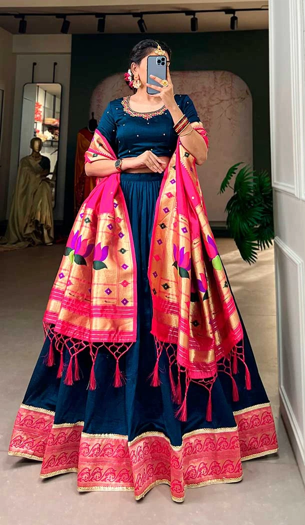 Vichitra Silk Lace Border Work Navy Blue Color Navratri Chaniya Choli -8901184710