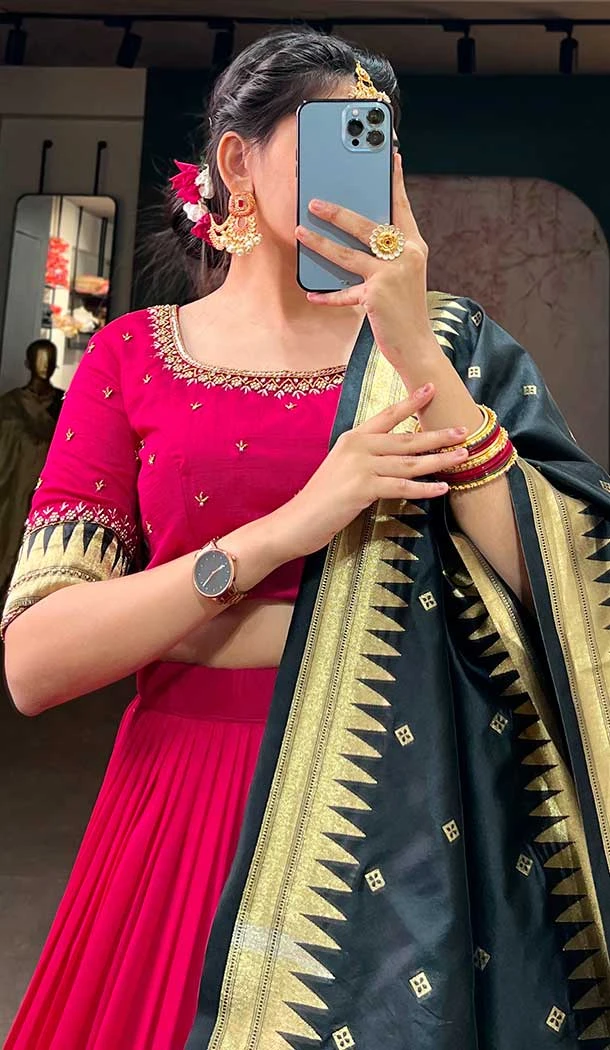 Vichitra Silk Lace Border Work Rani Pink Color Navratri Chaniya Choli -8901184711