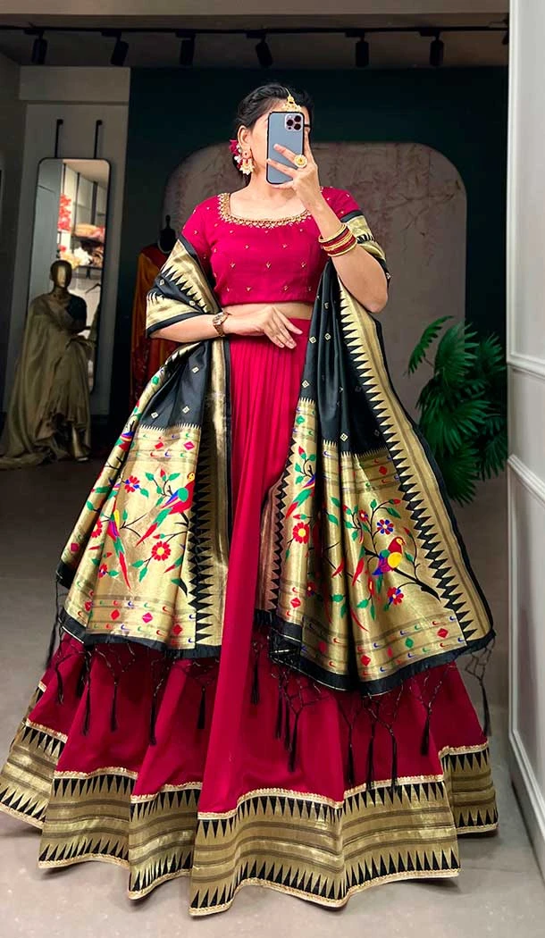 Vichitra Silk Lace Border Work Rani Pink Color Navratri Chaniya Choli -8901184711