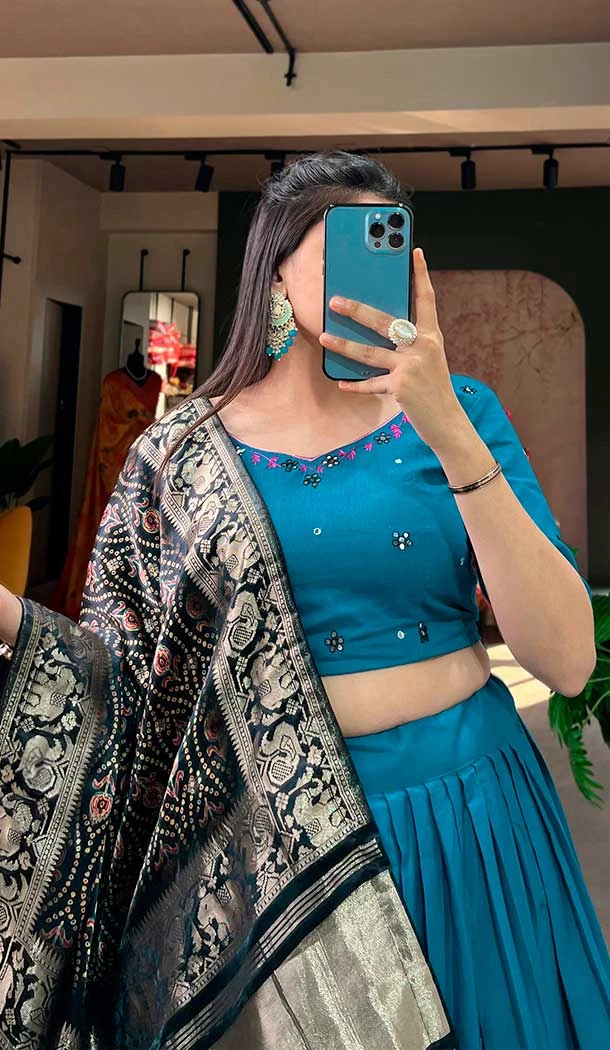 Pure Cotton Lace Border Work Teal Blue Color Navratri Chaniya Choli -8902184712