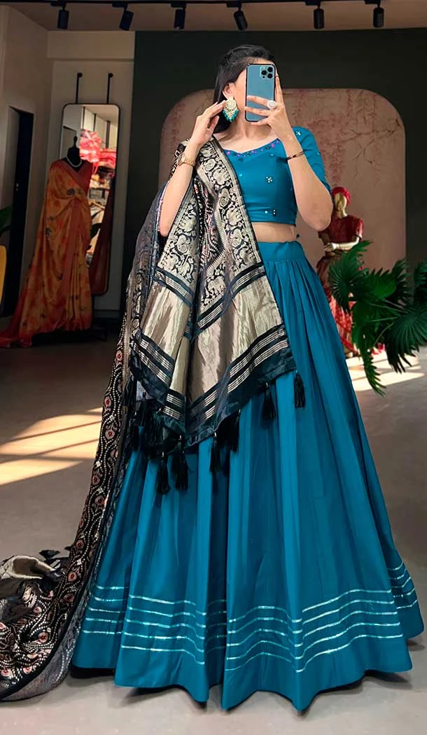 Pure Cotton Lace Border Work Teal Blue Color Navratri Chaniya Choli -8902184712