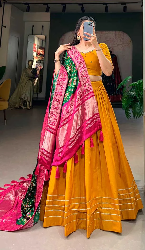 Pure Cotton Lace Border Work Mustard Color Navratri Chaniya Choli -8902184714