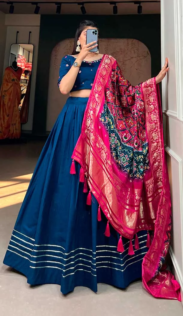 Pure Cotton Lace Border Work Navy Blue Color Navratri Chaniya Choli -8902184715