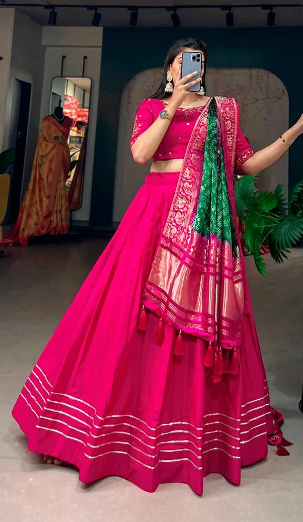 Pure Cotton Lace Border Work Pink Color Navratri Chaniya Choli -8902184716